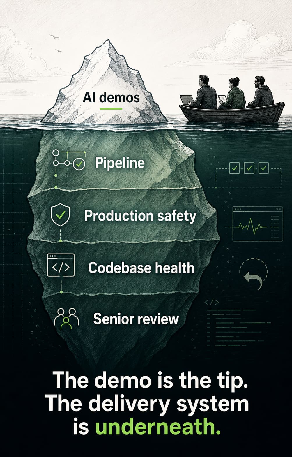 Iceberg showing that AI demos depend on pipeline, production safety, codebase health, and senior review underneath